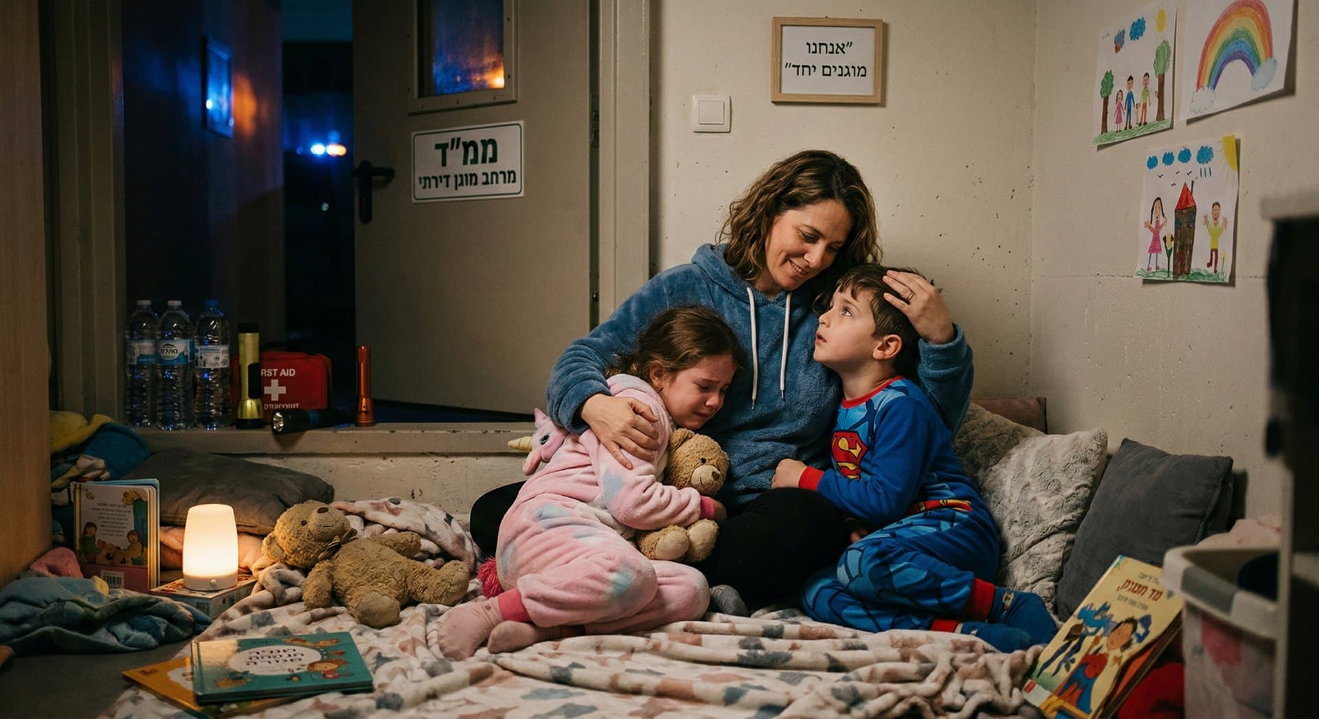 אם מחבקת את בנה הקטן בסביבה ביתית בטוחה וחמה