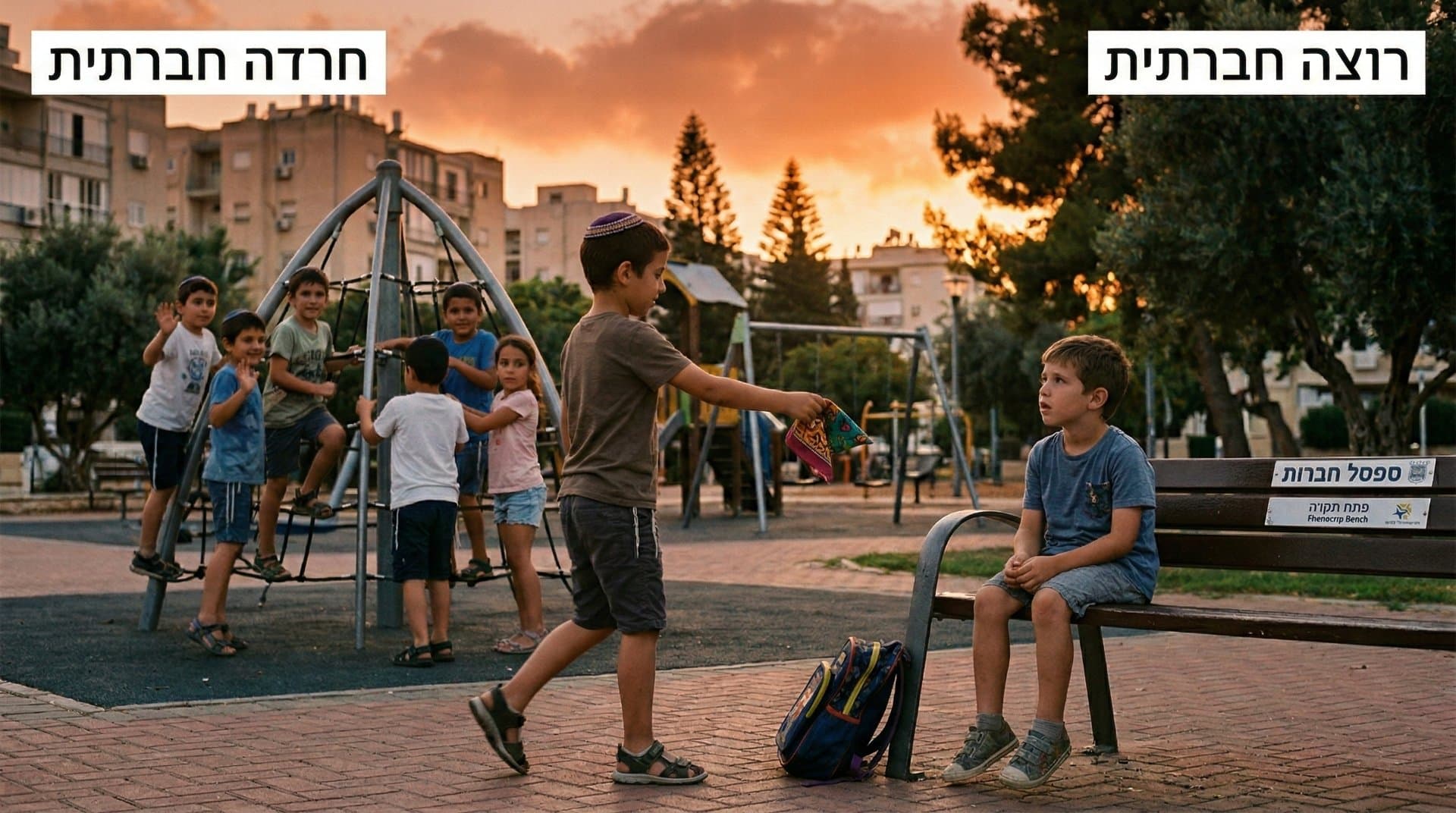אמא יושבת על הרצפה ומחבקת את בנה הקטן שנראה מהסס בזמן שילדים אחרים משחקים ברקע