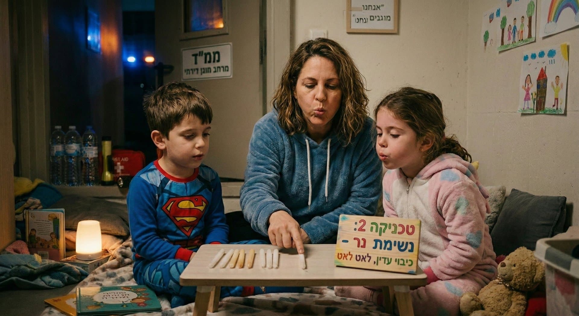 אם מחבקת את בנה ושניהם עוצמים עיניים בתרגיל נשימה מרגיע