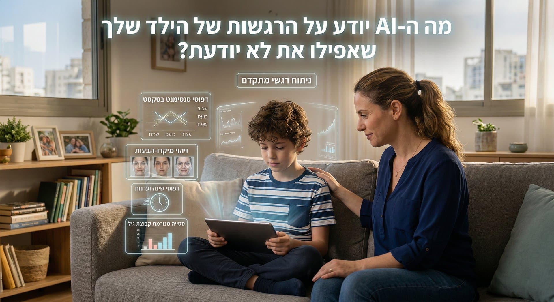 אמא מחבקת ילד בזמן שהם מסתכלים יחד בטאבלט באווירה ביתית וחמה