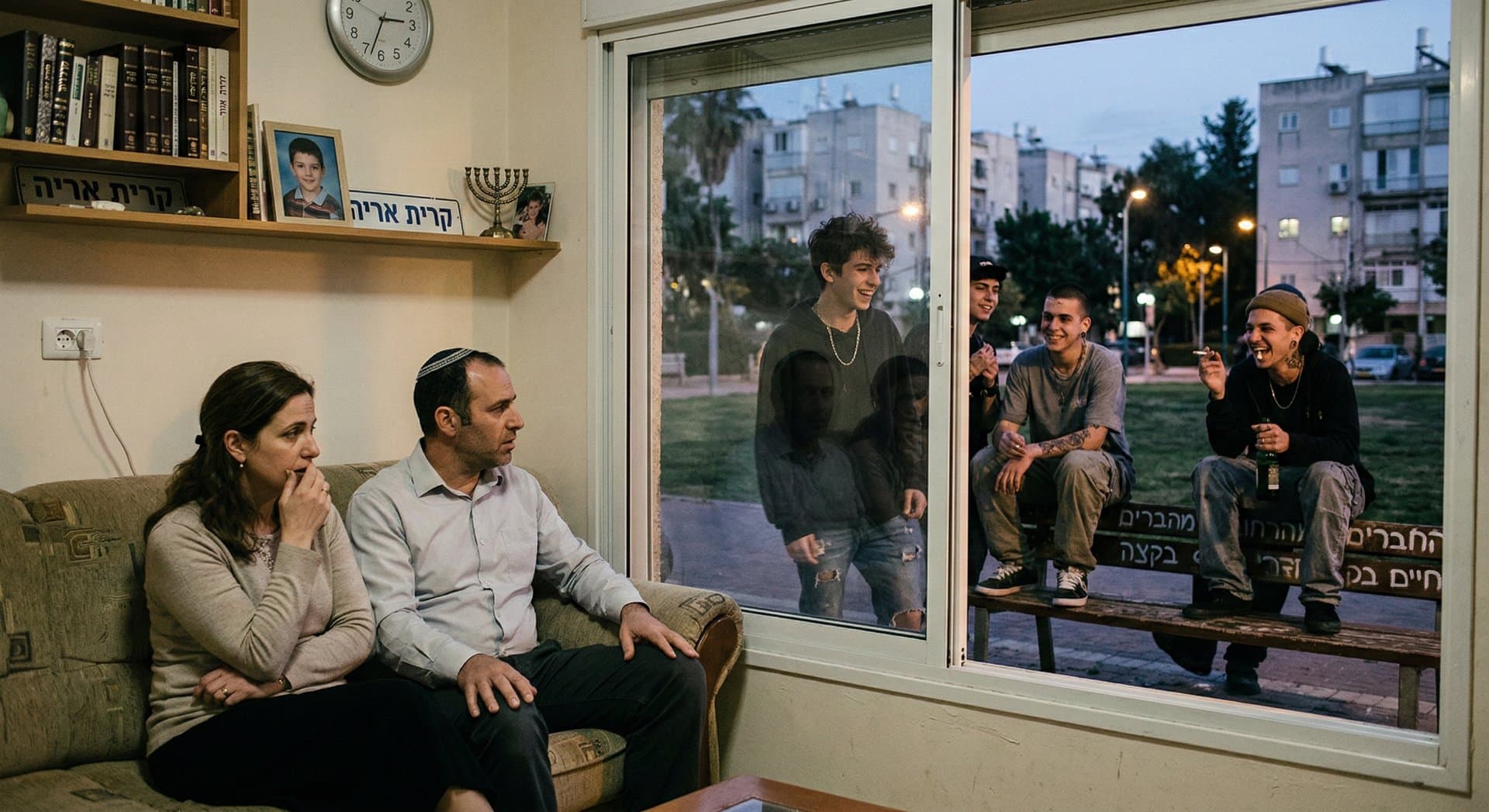 אמא מחבקת את בנה על ספסל בגן משחקים, ברקע ילדים משחקים
