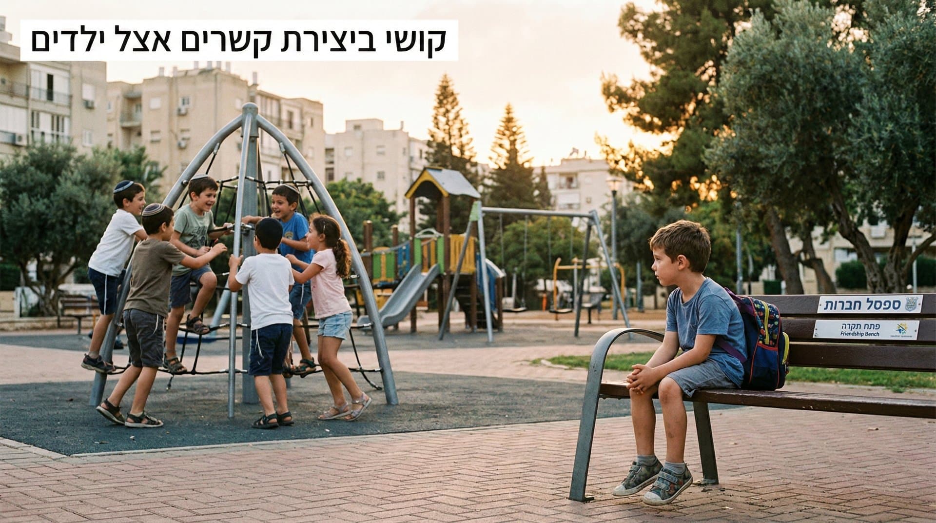 ילד עומד לבד ומסתכל על ילדים משחקים, באווירה רכה ומכילה