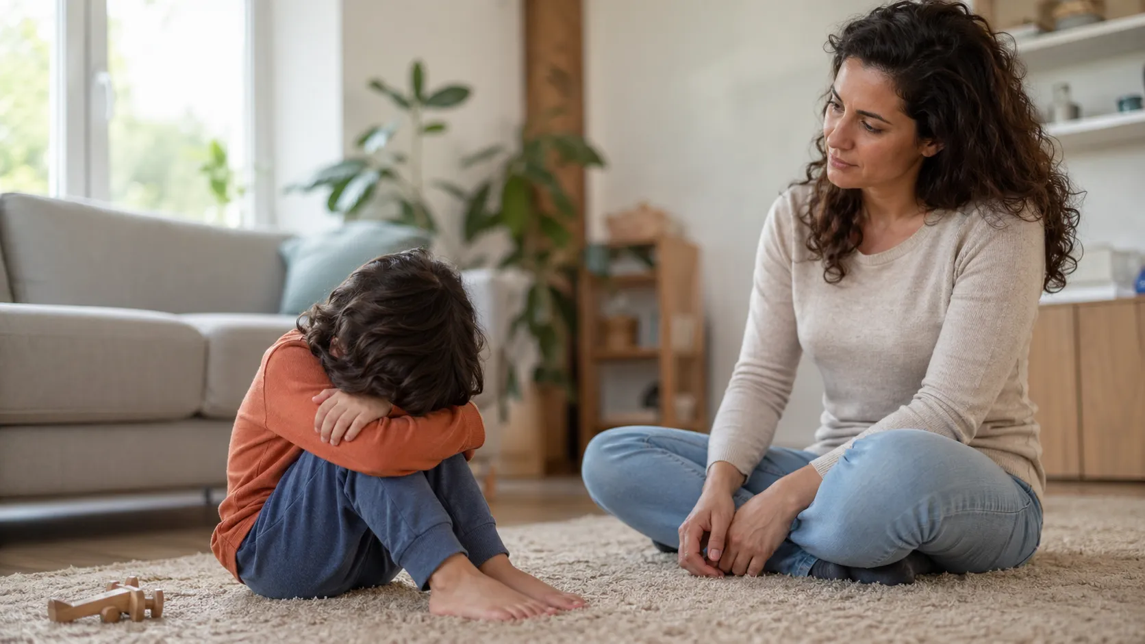 ילד צעיר יושב מוצף על שטיח בבית והורה נשאר לידו ברוגע ובנוכחות
