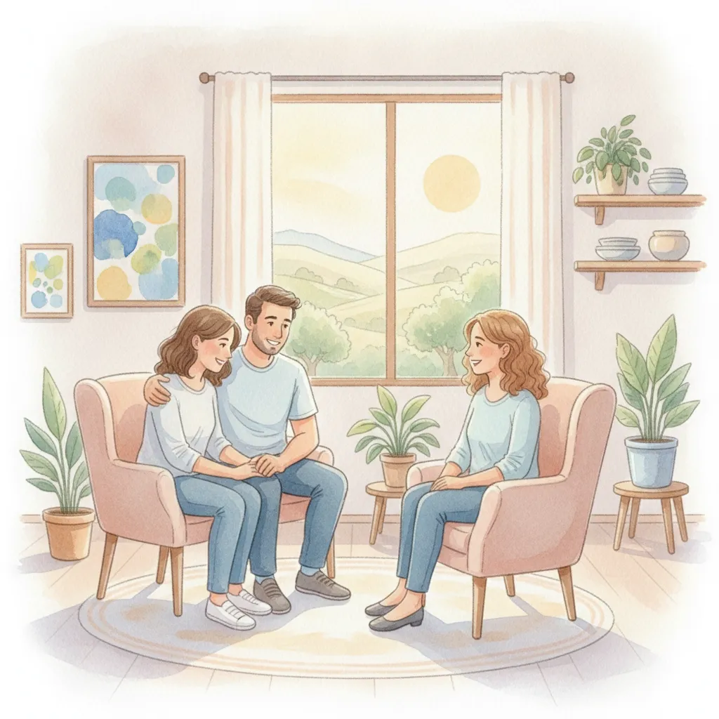 איור: שיחה חמה בין הורים לילד/ה בגיל 13 בקליניקה טיפולית.