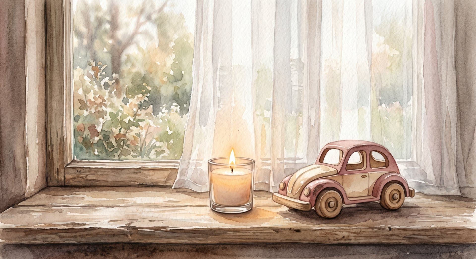 איור של נר זיכרון וצעצוע על אדן החלון באור רך