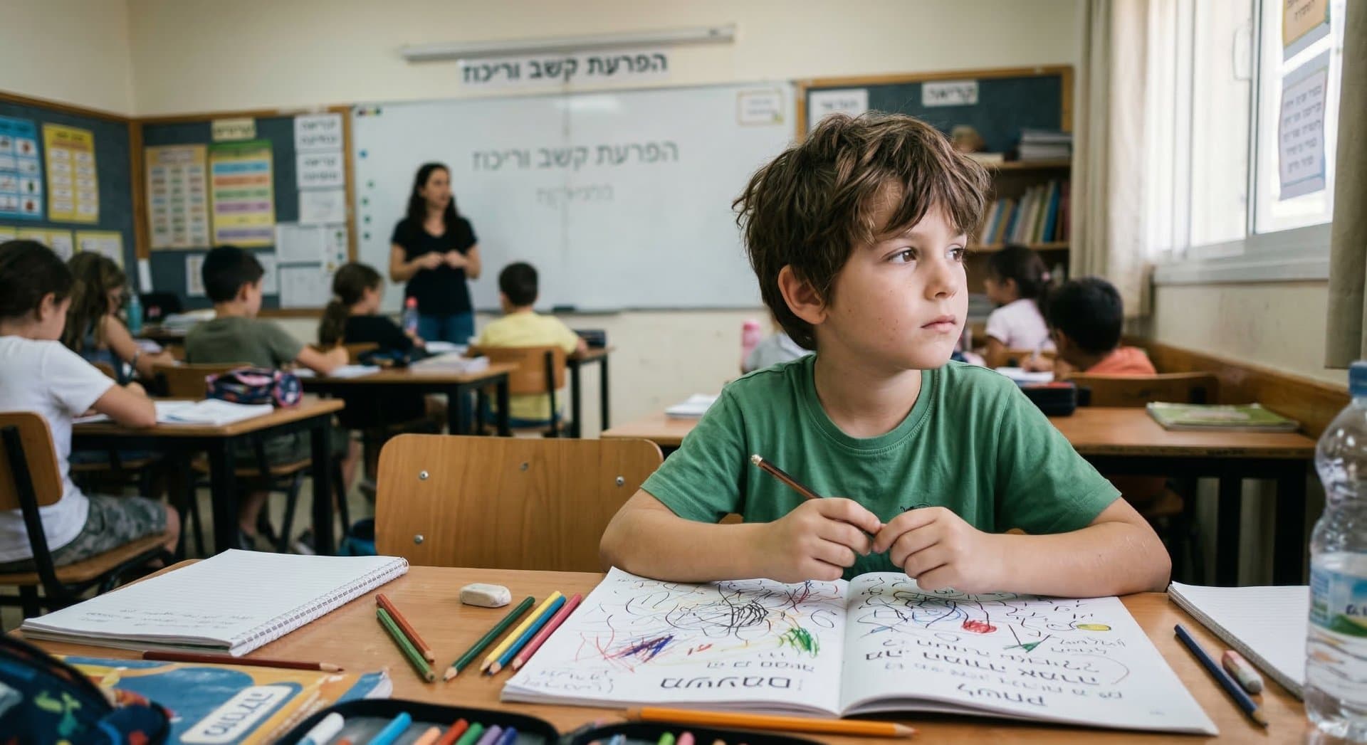 איור עדין של שולחן עץ עם חפצים מפוזרים באור רך